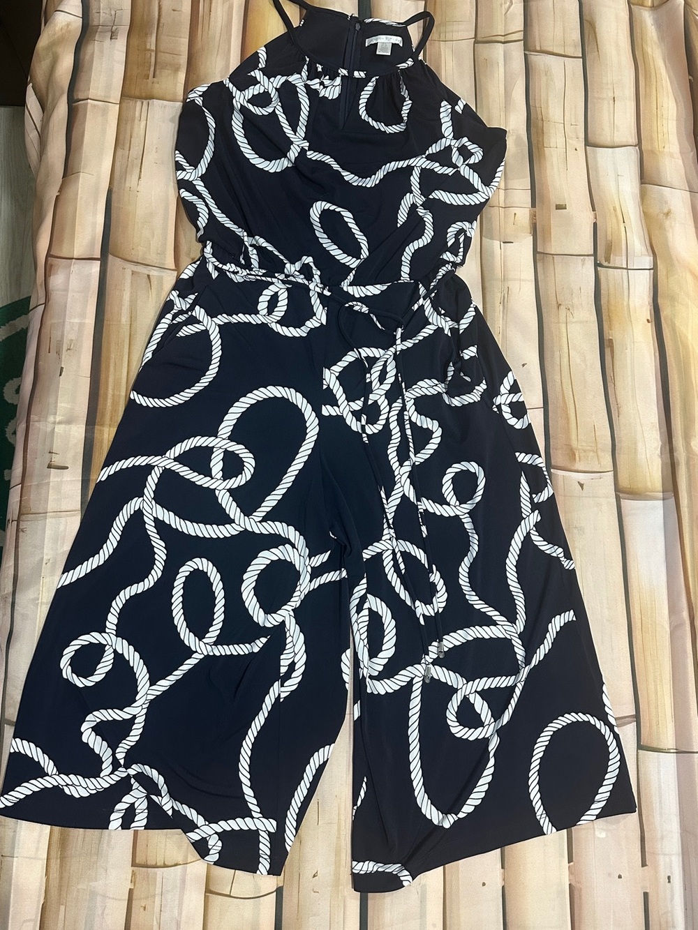 London Times Navy & White Rope Print Cold Shoulder Jumpsuit Size 8